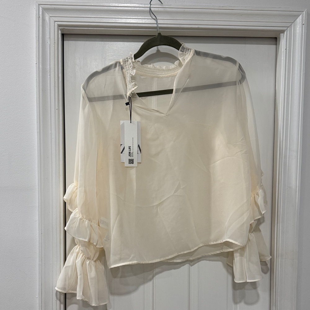 Zara Cream Sheer Ruffle Blouse - Picture 2 of 4